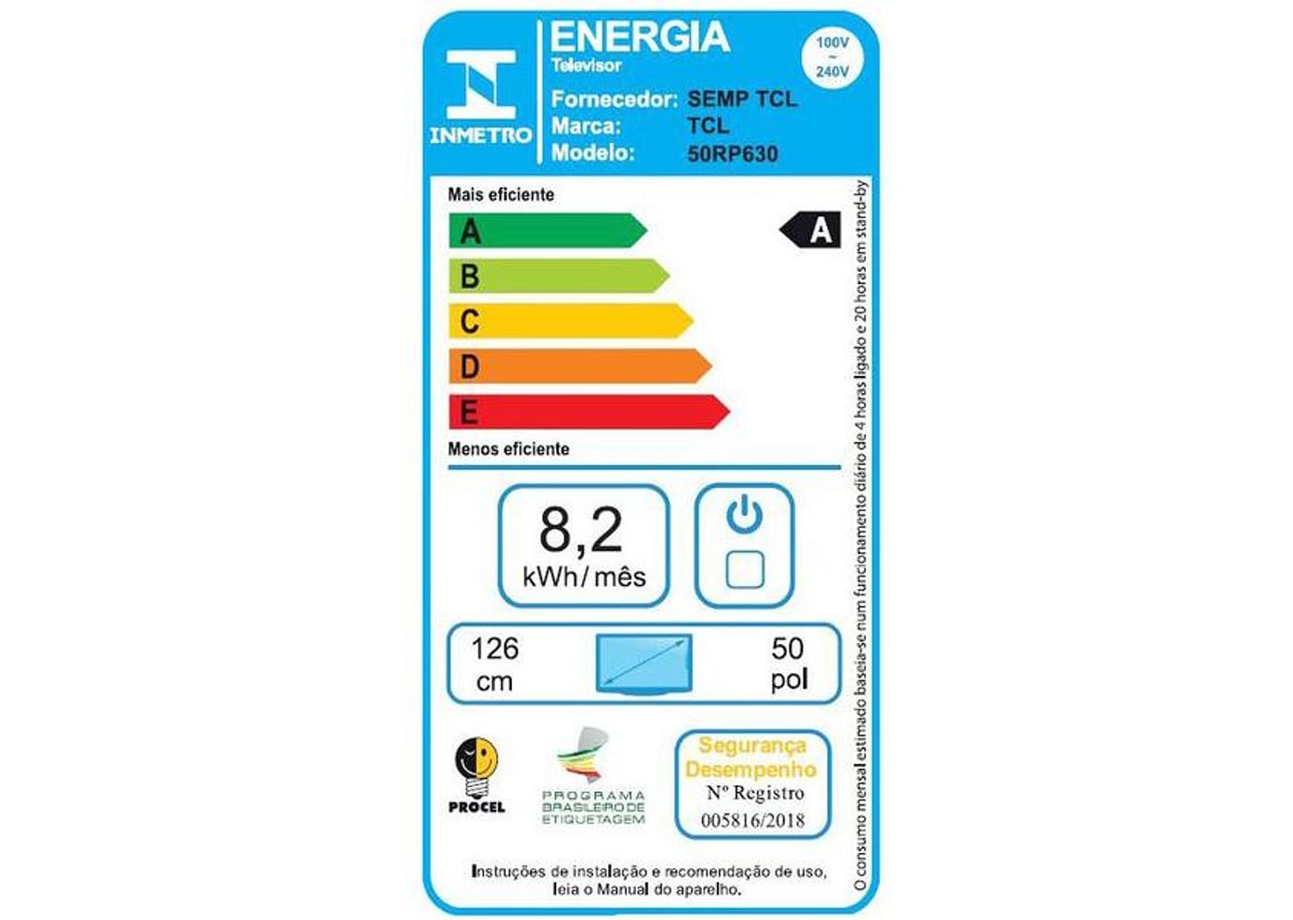 Smart TV 50” 4K LED TCL RP630 60Hz Wi-Fi 3 HDMI 1 USB