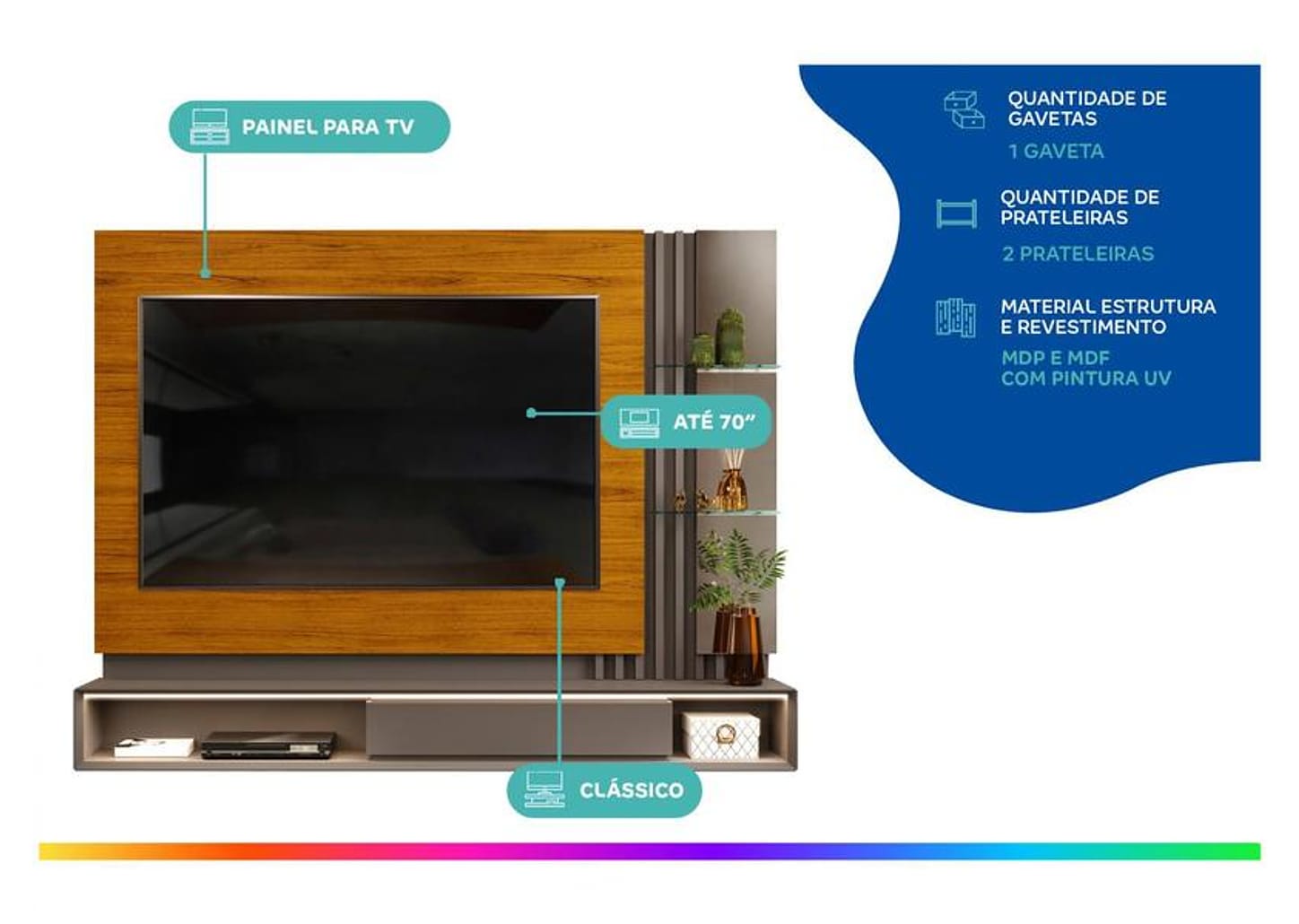 Painel para TV até 70” DJ Móveis Pietro 2 Prateleiras