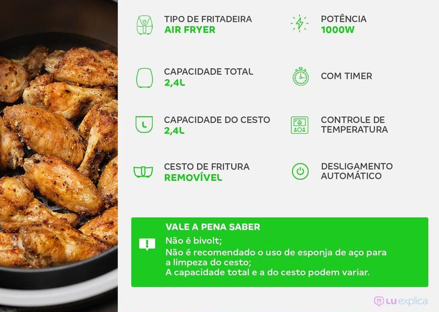Fritadeira Elétrica sem Óleo/Air Fryer Lenoxx Easy - Preta 2,4L com Timer