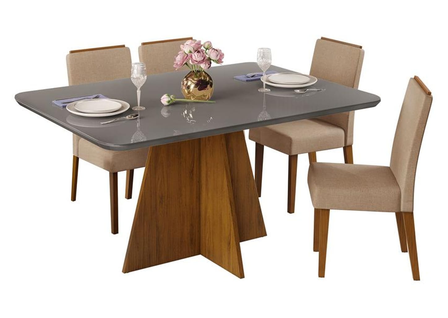 Mesa de Jantar 4 Cadeiras Retangular Cinza e Saara DJ Móveis Siena