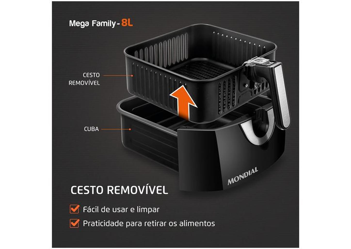 Fritadeira Elétrica sem Óleo/Air Fryer Mondial - AFN-80-BI Preta e Inox 8L com Timer