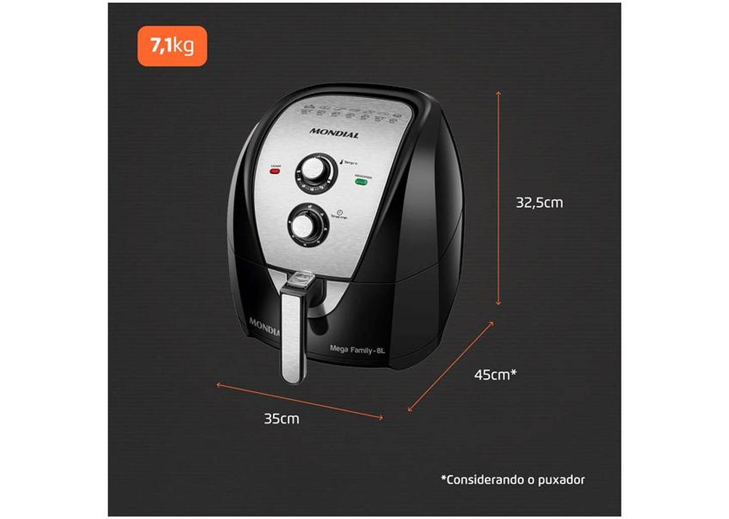 Fritadeira Elétrica sem Óleo/Air Fryer Mondial - AFN-80-BI Preta e Inox 8L com Timer