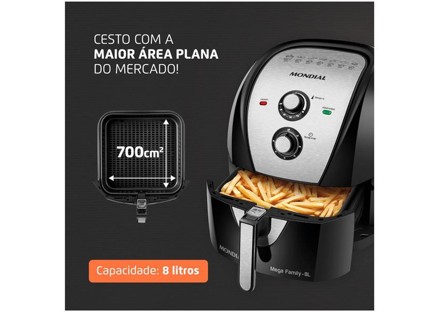 Fritadeira Elétrica sem Óleo/Air Fryer Mondial - AFN-80-BI Preta e Inox 8L com Timer