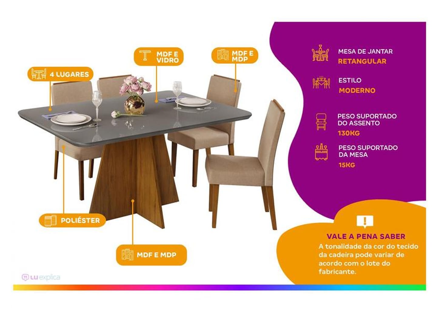 Mesa de Jantar 4 Cadeiras Retangular Cinza e Saara DJ Móveis Siena