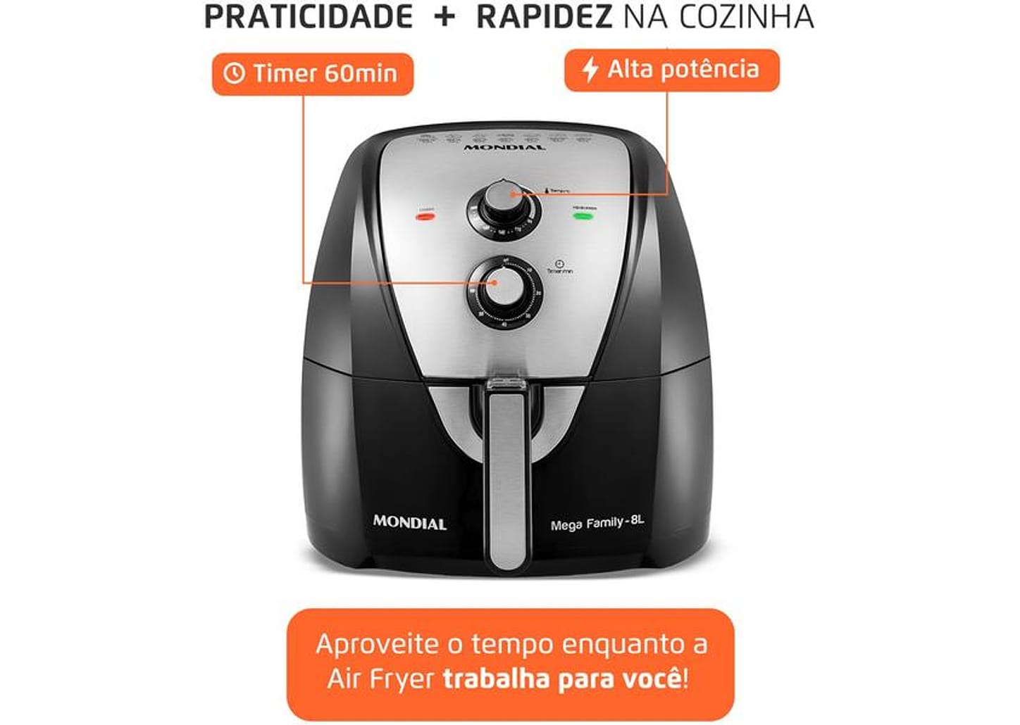 Fritadeira Elétrica sem Óleo/Air Fryer Mondial - AFN-80-BI Preta e Inox 8L com Timer