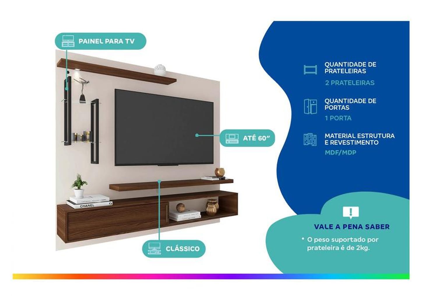 Painel para TV Até 60” DJ Móveis New Greco 2 Prateleiras