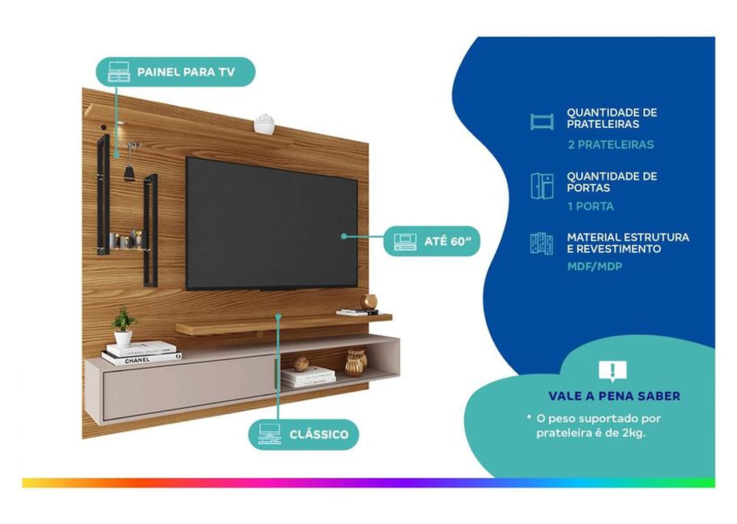 Painel para TV até 60” DJ Móveis New Greco 2 Prateleiras
