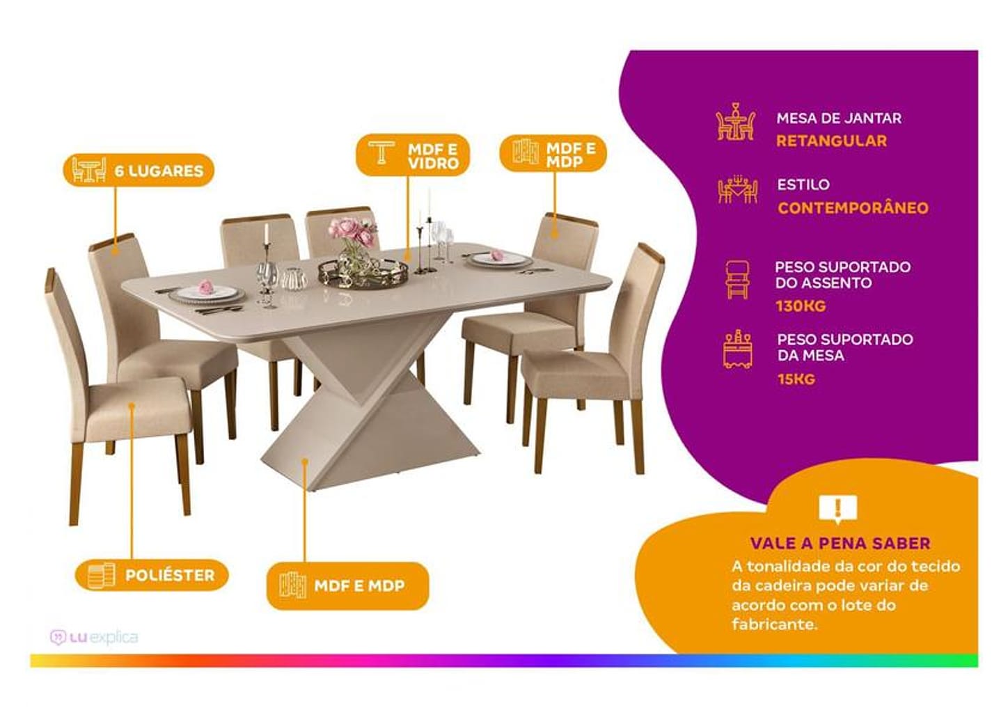 Mesa de Jantar 6 Cadeiras Retangular Off White e Saara DJ Móveis Firenze