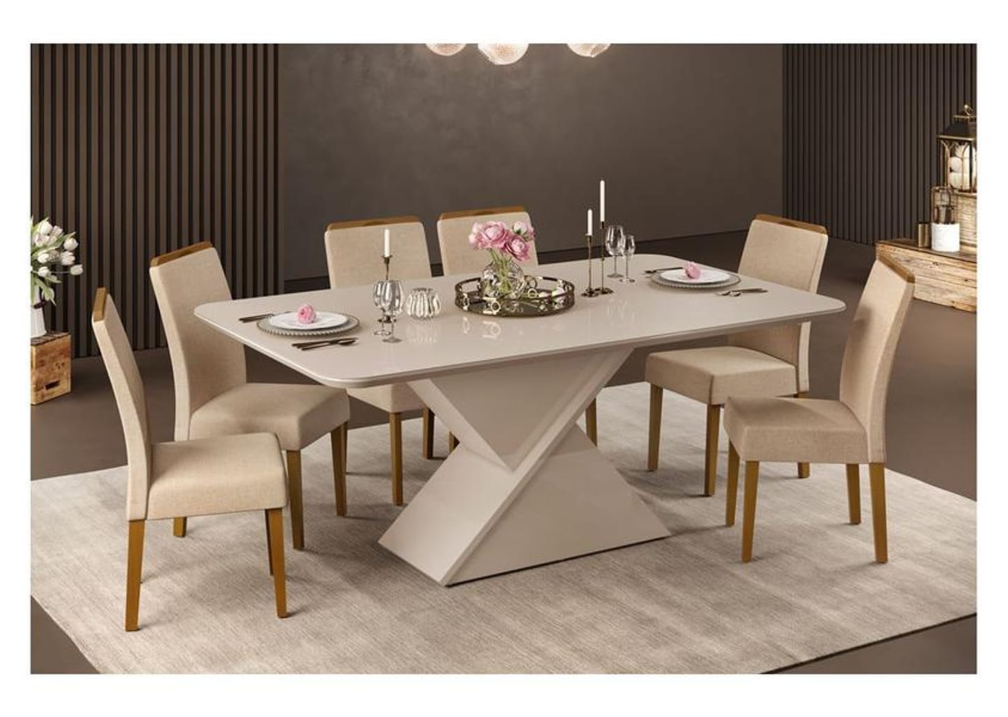 Mesa de Jantar 6 Cadeiras Retangular Off White e Saara DJ Móveis Firenze