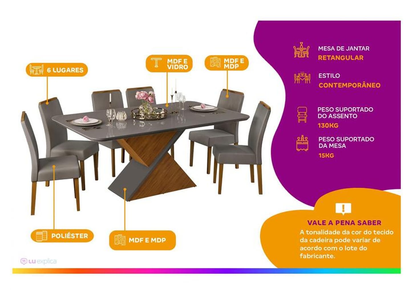 Mesa de Jantar 6 Cadeiras Retangular Cinza e Lunar DJ Móveis Firenze