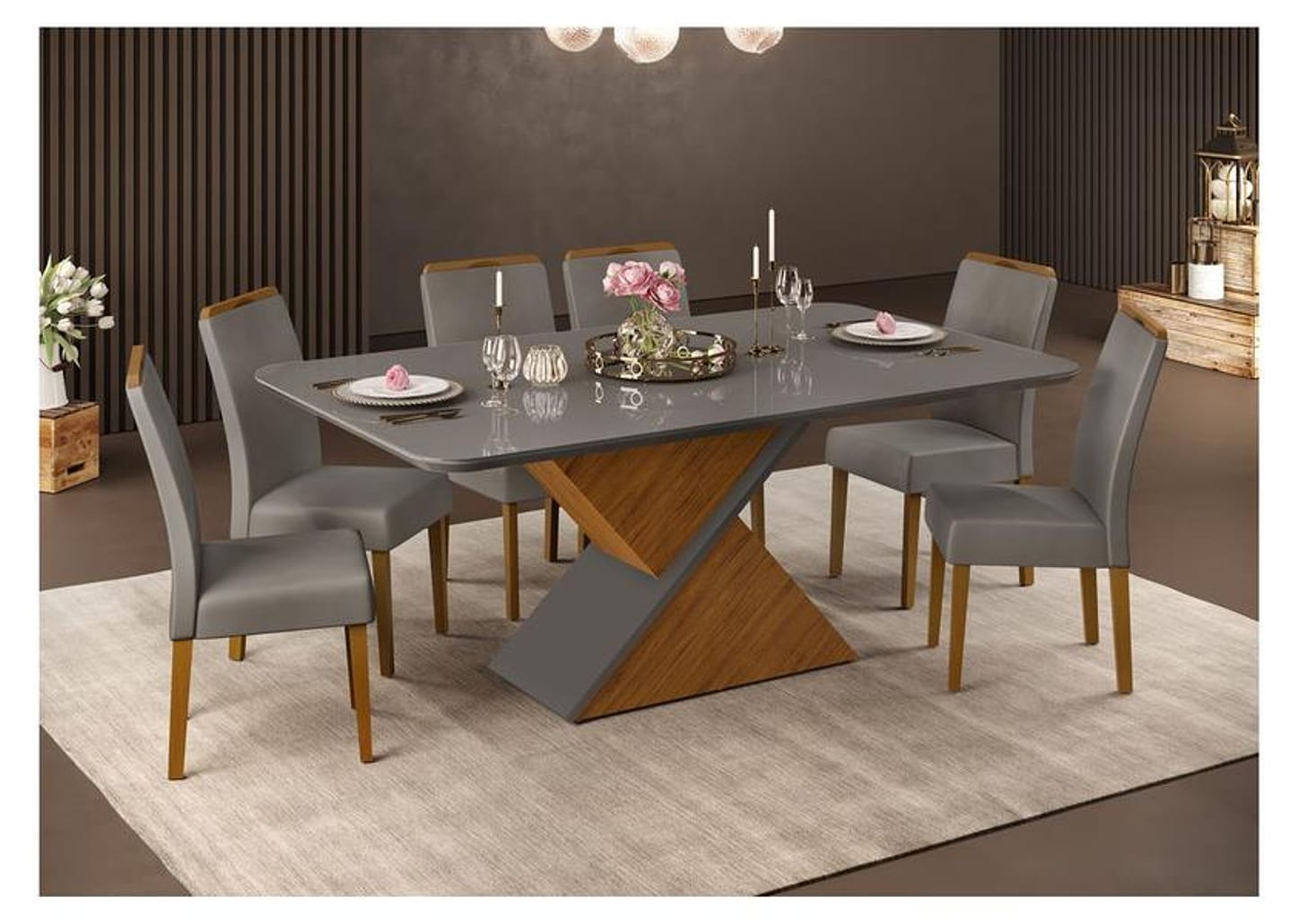 Mesa de Jantar 6 Cadeiras Retangular Cinza e Lunar DJ Móveis Firenze