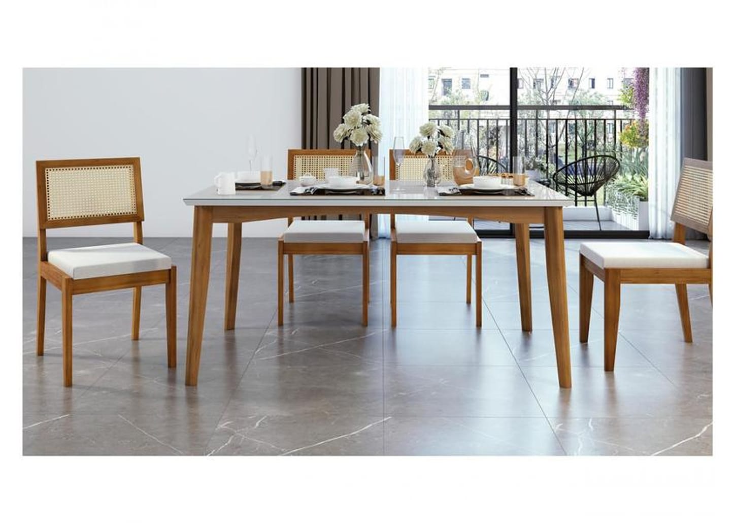 Mesa de Jantar 6 Cadeiras Retangular - Mel e Off White Nesher Monalisa