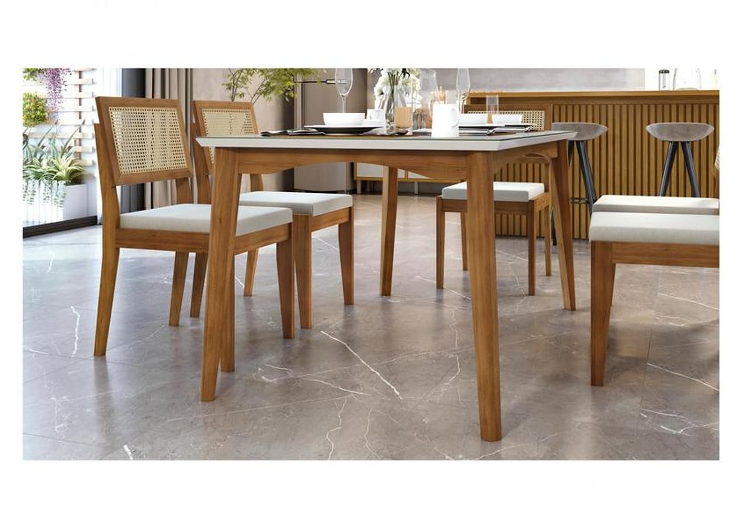 Mesa de Jantar 6 Cadeiras Retangular - Mel e Off White Nesher Monalisa