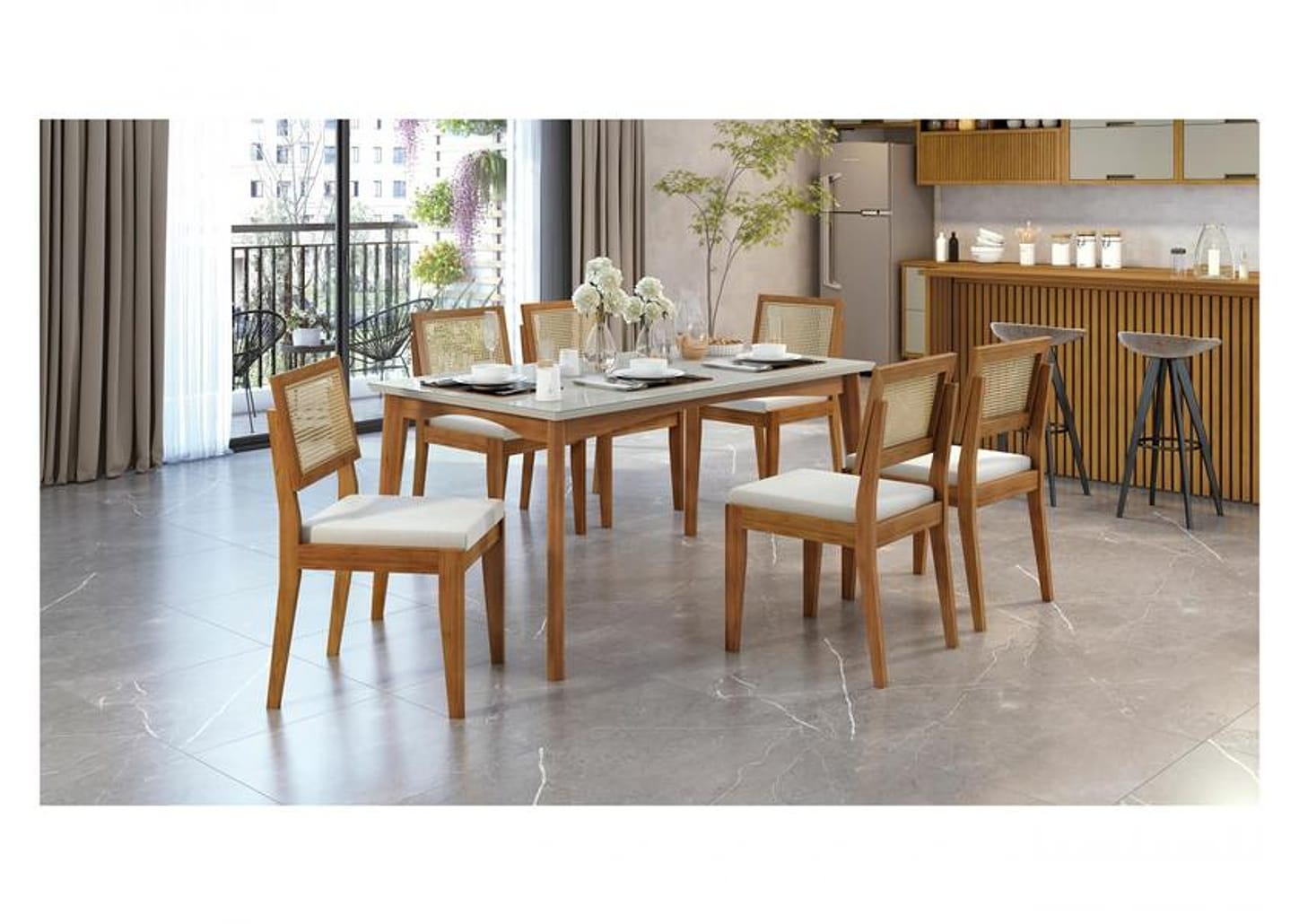 Mesa de Jantar 6 Cadeiras Retangular - Mel e Off White Nesher Monalisa