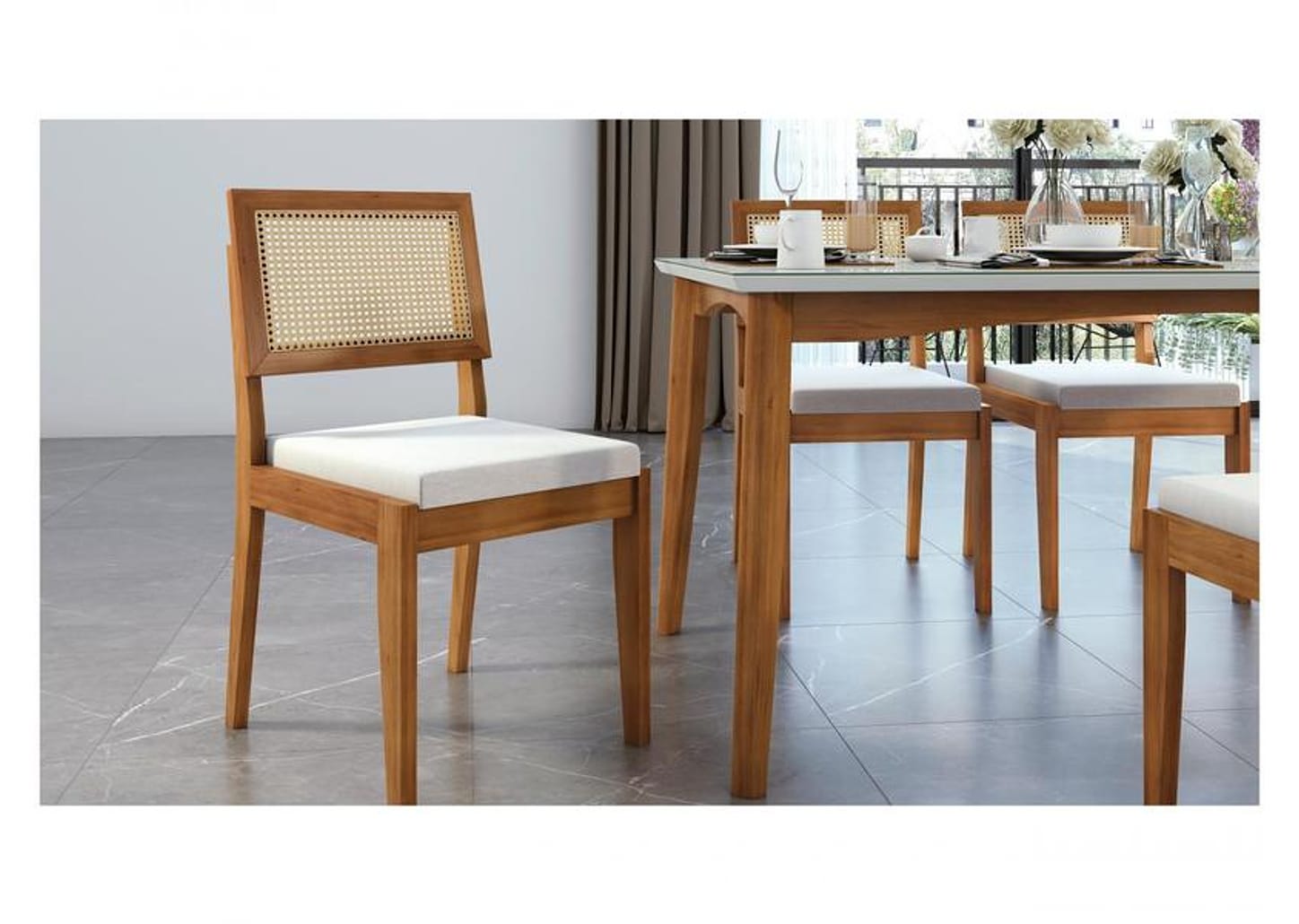 Mesa de Jantar 6 Cadeiras Retangular - Mel e Off White Nesher Monalisa