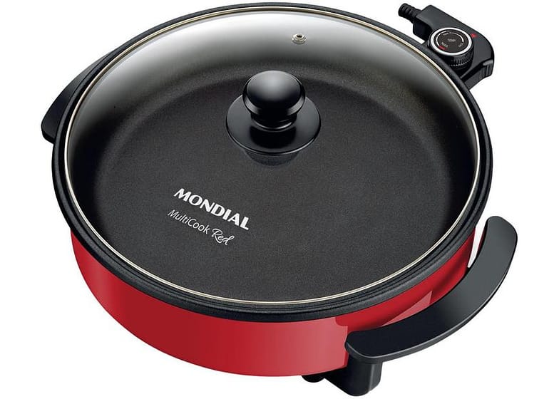Panela Elétrica Multifuncional Grill Redonda - Mondial Multicook Red PE-28 1200W 3L