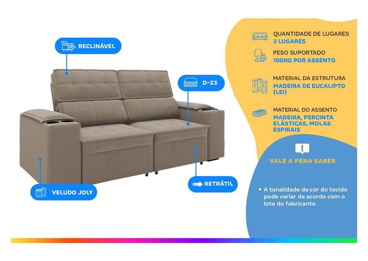 Sofá Retrátil Reclinável 3 Lugares Veludo Joly Cancún Gralha Azul Estofados