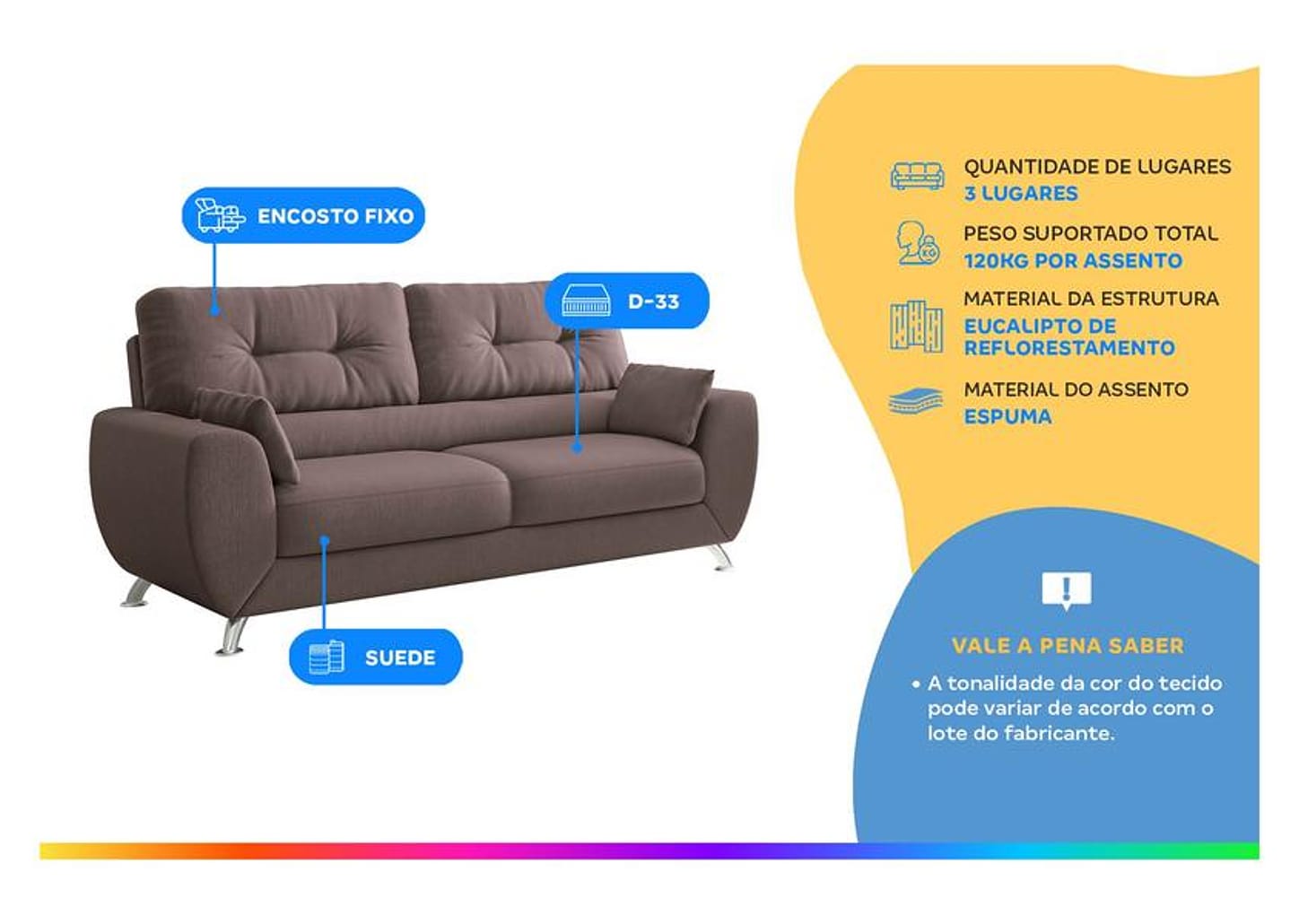 Sofá 3 Lugares Suede Amarilis Linoforte