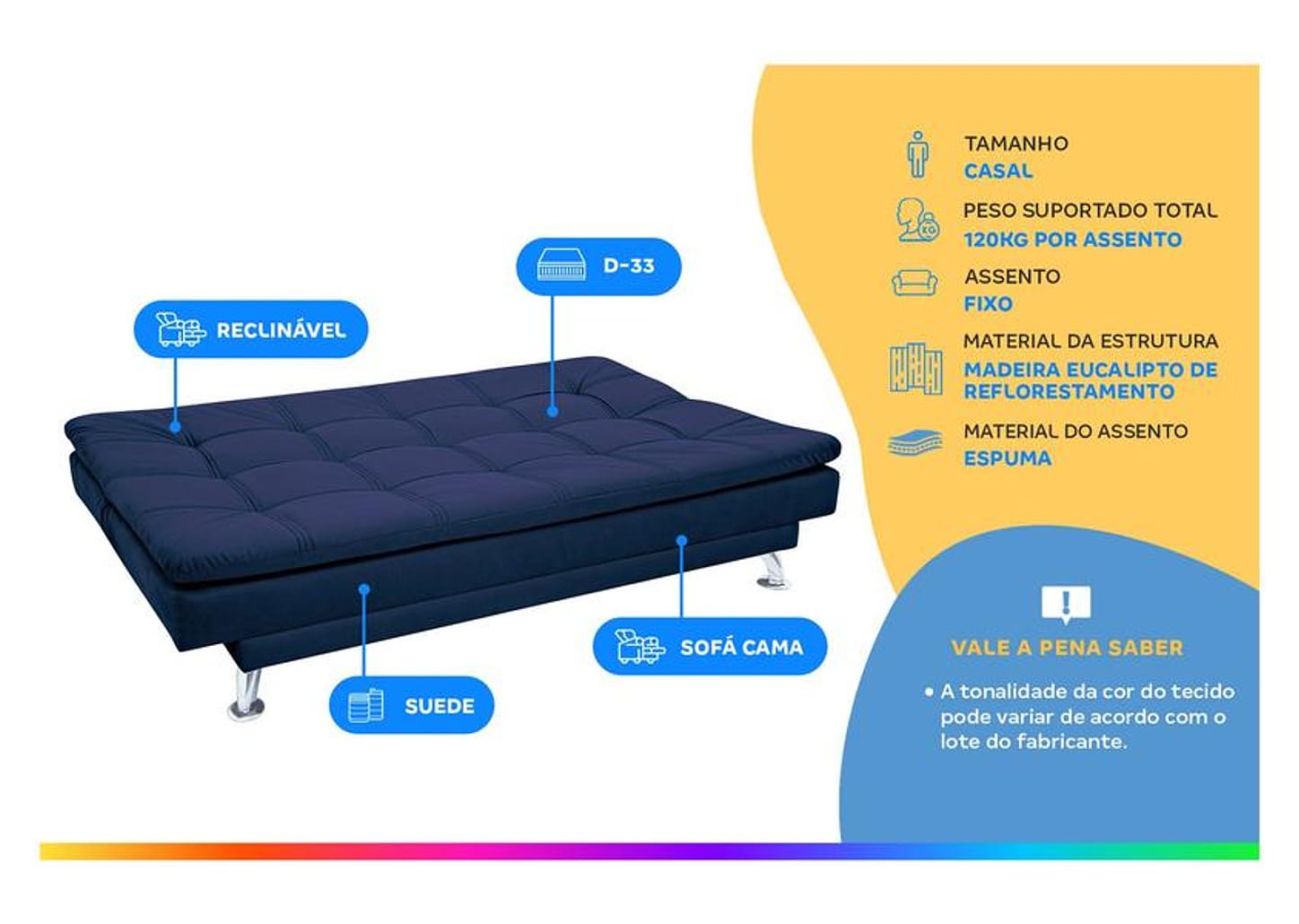 Sofá-cama Casal Reclinável Suede Linoforte Yasmin