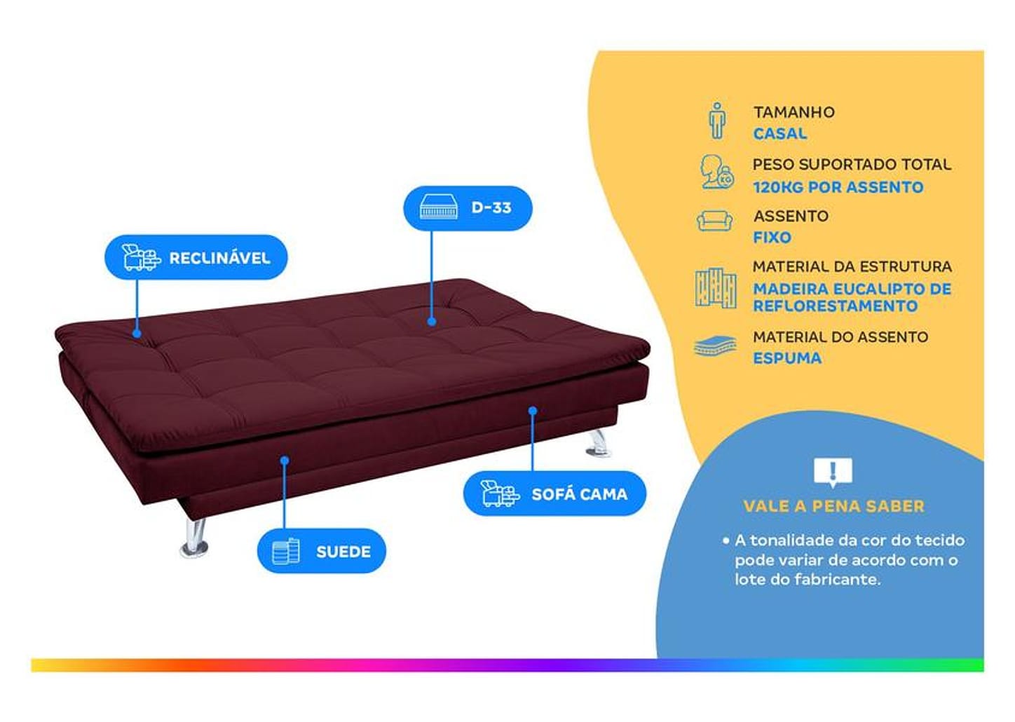 Sofá-cama Casal Reclinável Suede Linoforte Yasmin