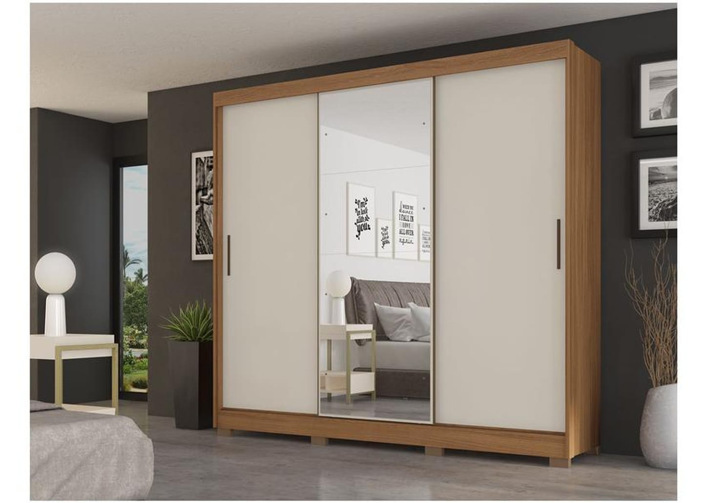 Guarda-roupa Casal com Espelho 3 Portas de Correr 6 Gavetas Demóbile Londres