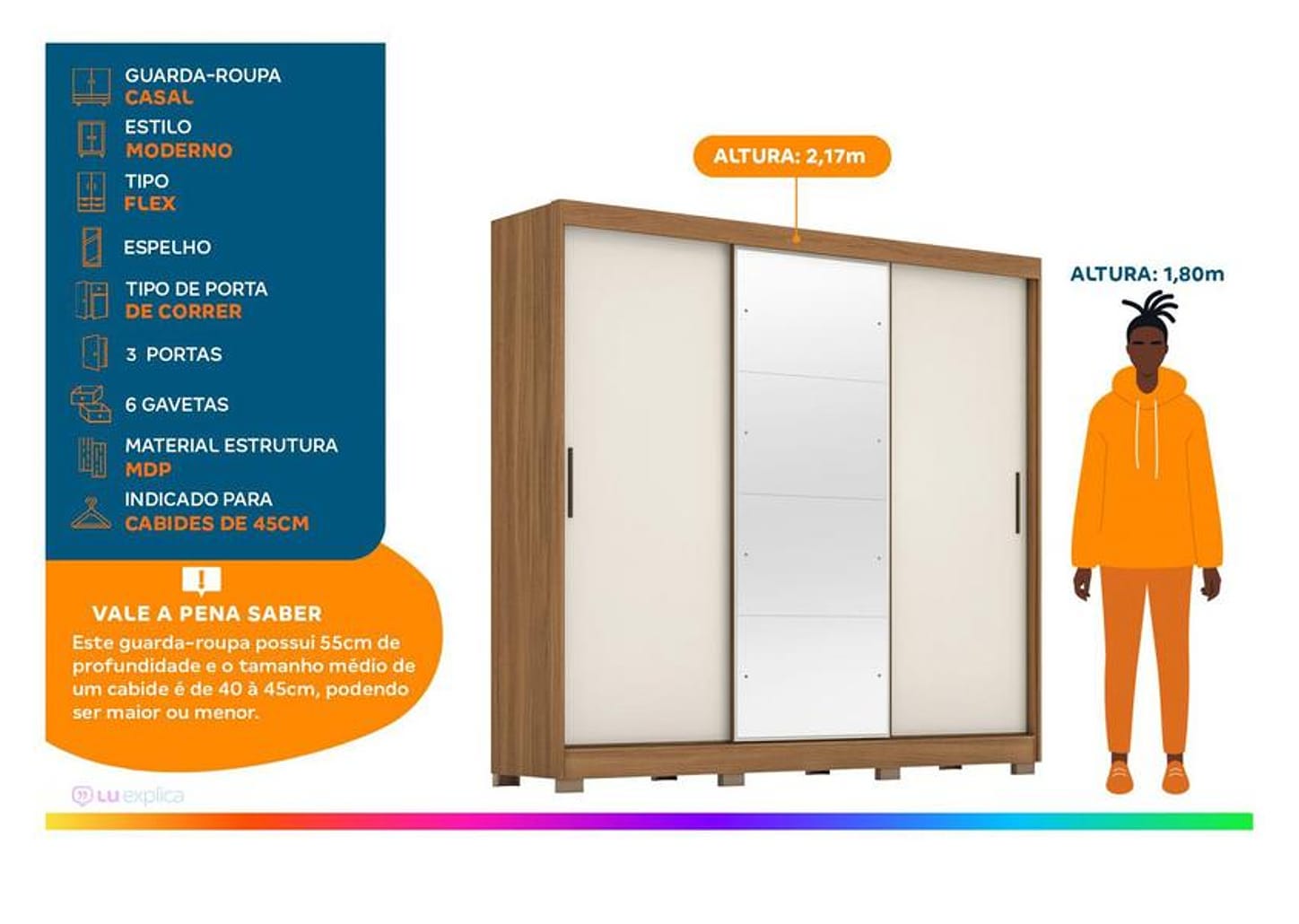 Guarda-roupa Casal com Espelho 3 Portas de Correr 6 Gavetas Demóbile Londres