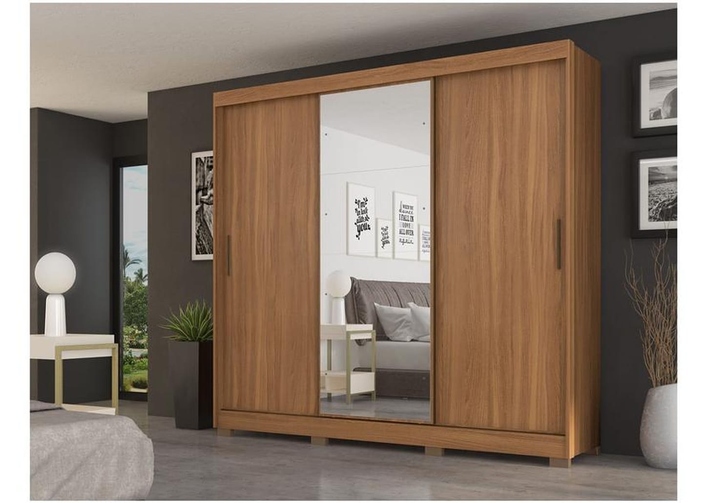 Guarda-roupa Casal com Espelho 3 Portas de Correr 6 Gavetas Demóbile Londres