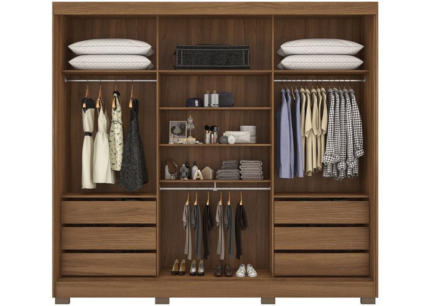 Guarda-roupa Casal com Espelho 3 Portas de Correr 6 Gavetas Demóbile Londres