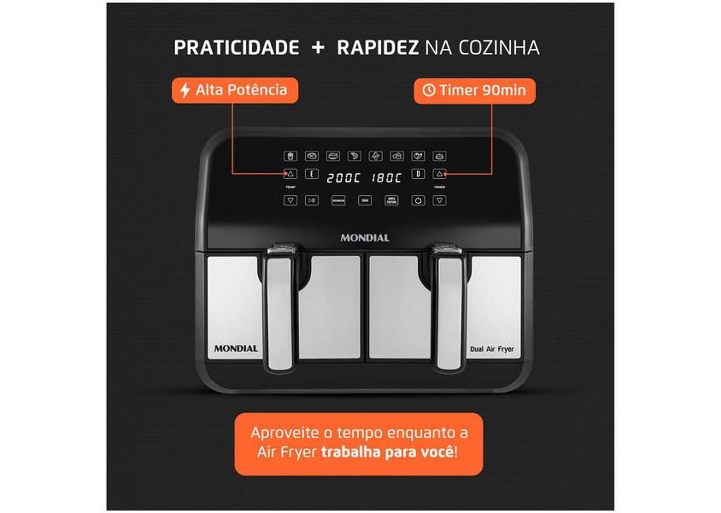 Fritadeira Elétrica sem Óleo/Air Fryer Mondial - Dual Duplo Cesto Preta 8L com Timer AFD-01-BI