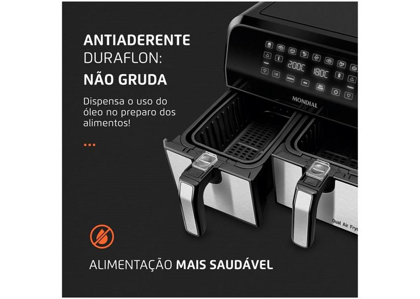 Fritadeira Elétrica sem Óleo/Air Fryer Mondial - Dual Duplo Cesto Preta 8L com Timer AFD-01-BI