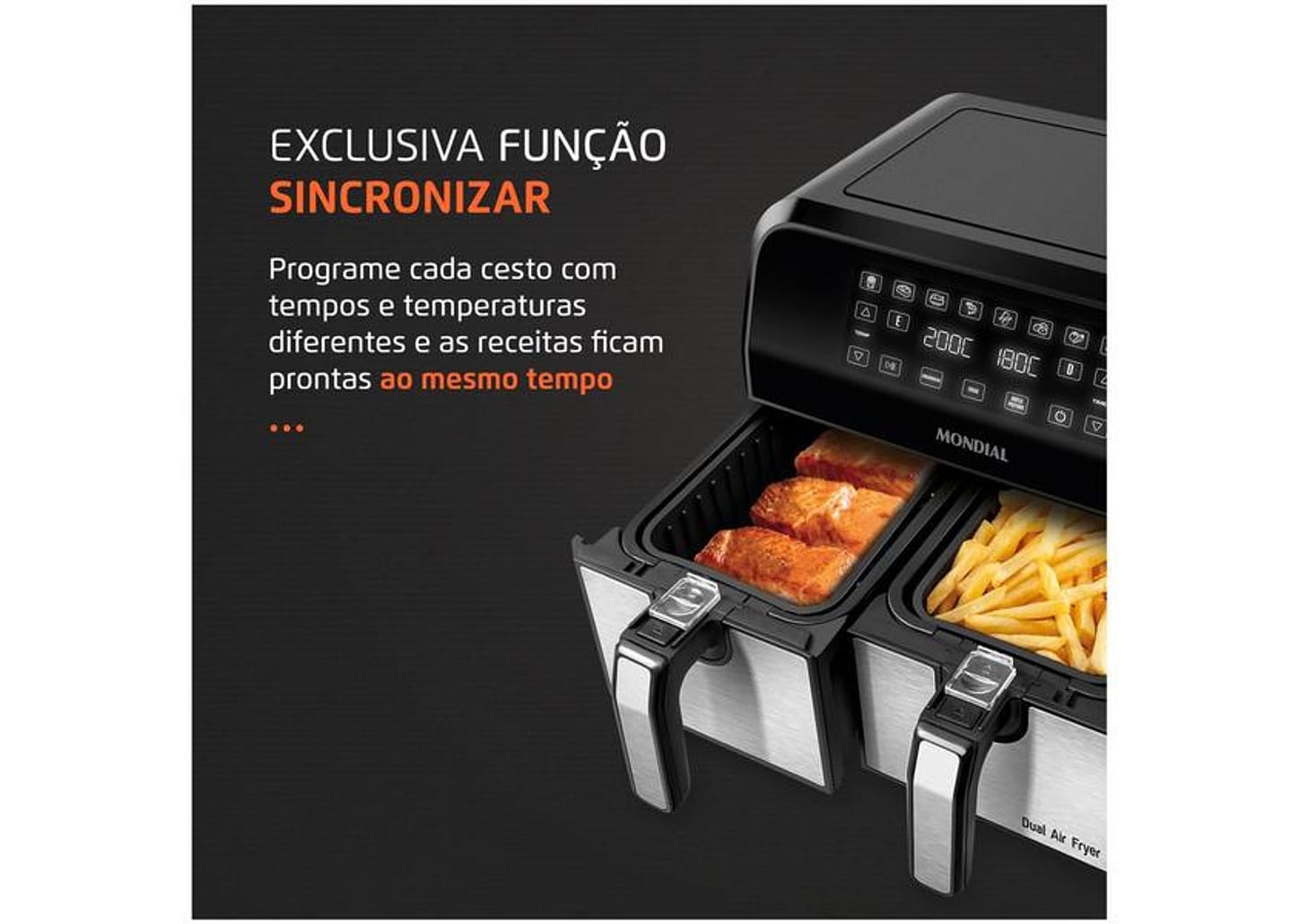 Fritadeira Elétrica sem Óleo/Air Fryer Mondial - Dual Duplo Cesto Preta 8L com Timer AFD-01-BI