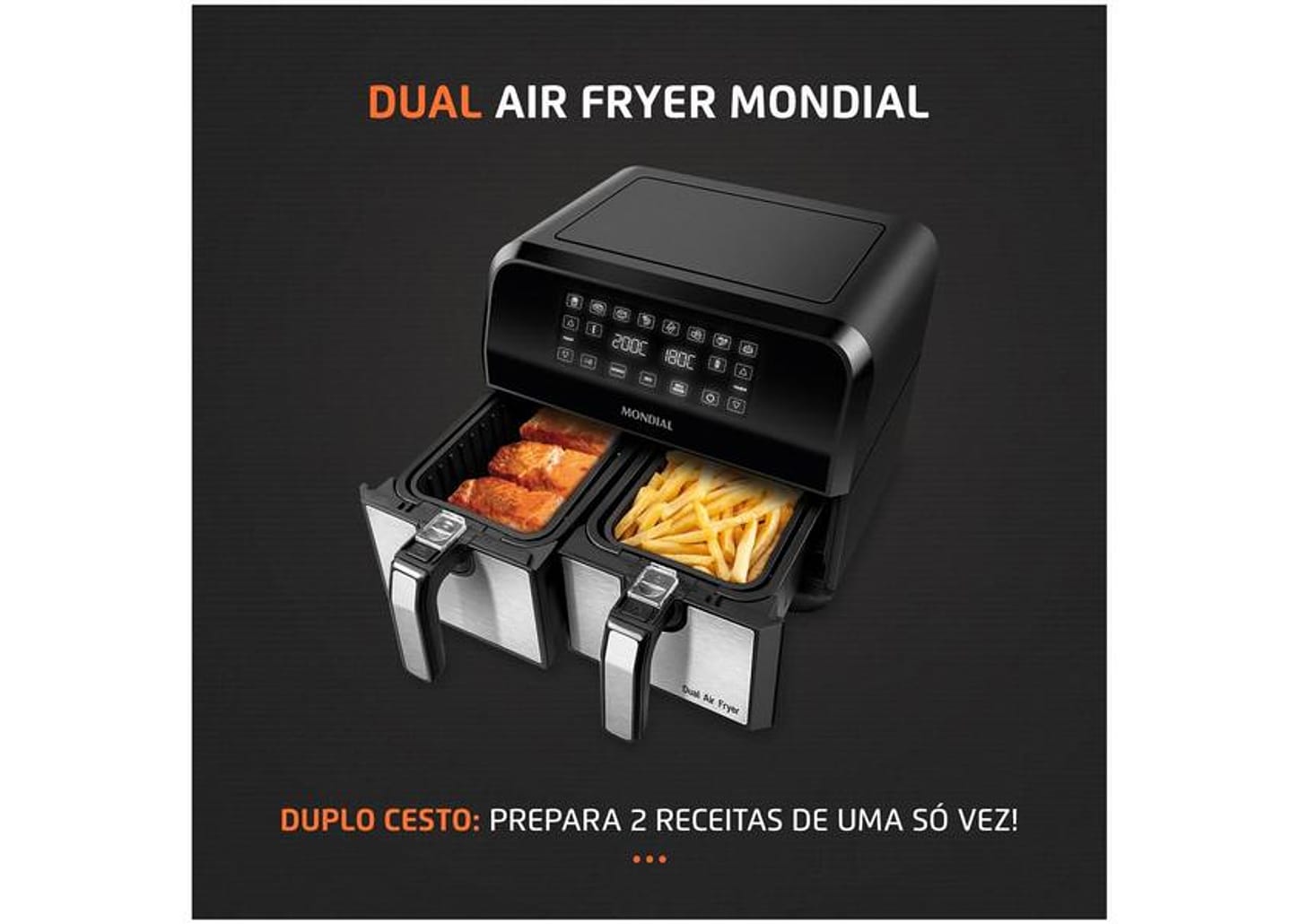 Fritadeira Elétrica sem Óleo/Air Fryer Mondial - Dual Duplo Cesto Preta 8L com Timer AFD-01-BI