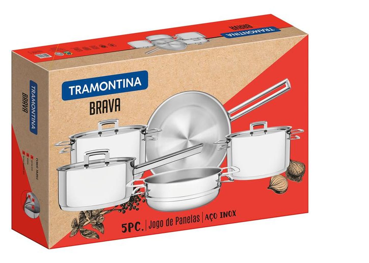 Jogo de Panelas Tramontina Brava 65400/010 Inox - Fundo Triplo 5 Peças