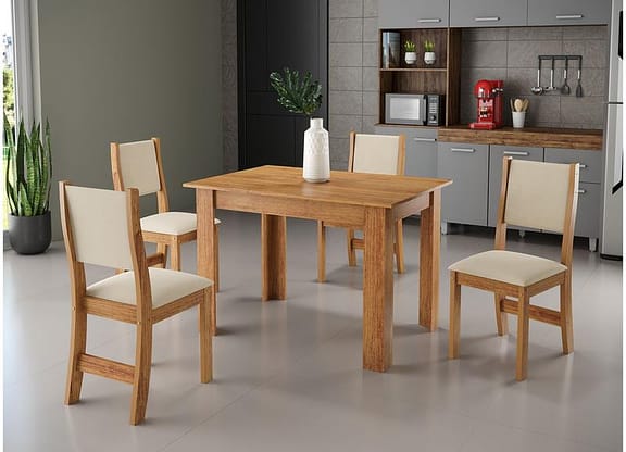 Mesa de Jantar 4 Cadeiras Retangular Mel/Veludo Pastel Viero Móveis Celine