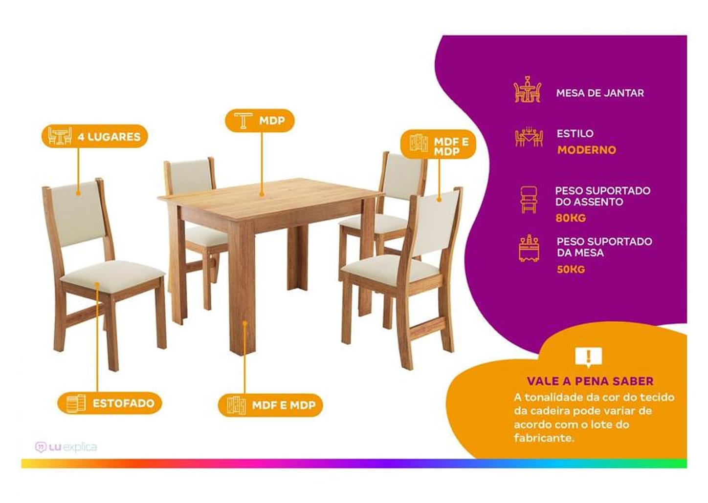 Mesa de Jantar 4 Cadeiras Retangular Mel/Veludo Pastel Viero Móveis Celine