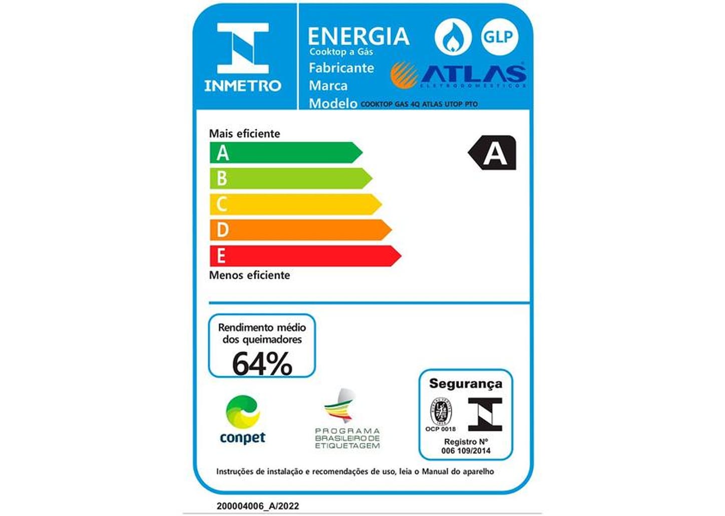 Cooktop 4 Bocas a Gás GLP Atlas Preto U Top