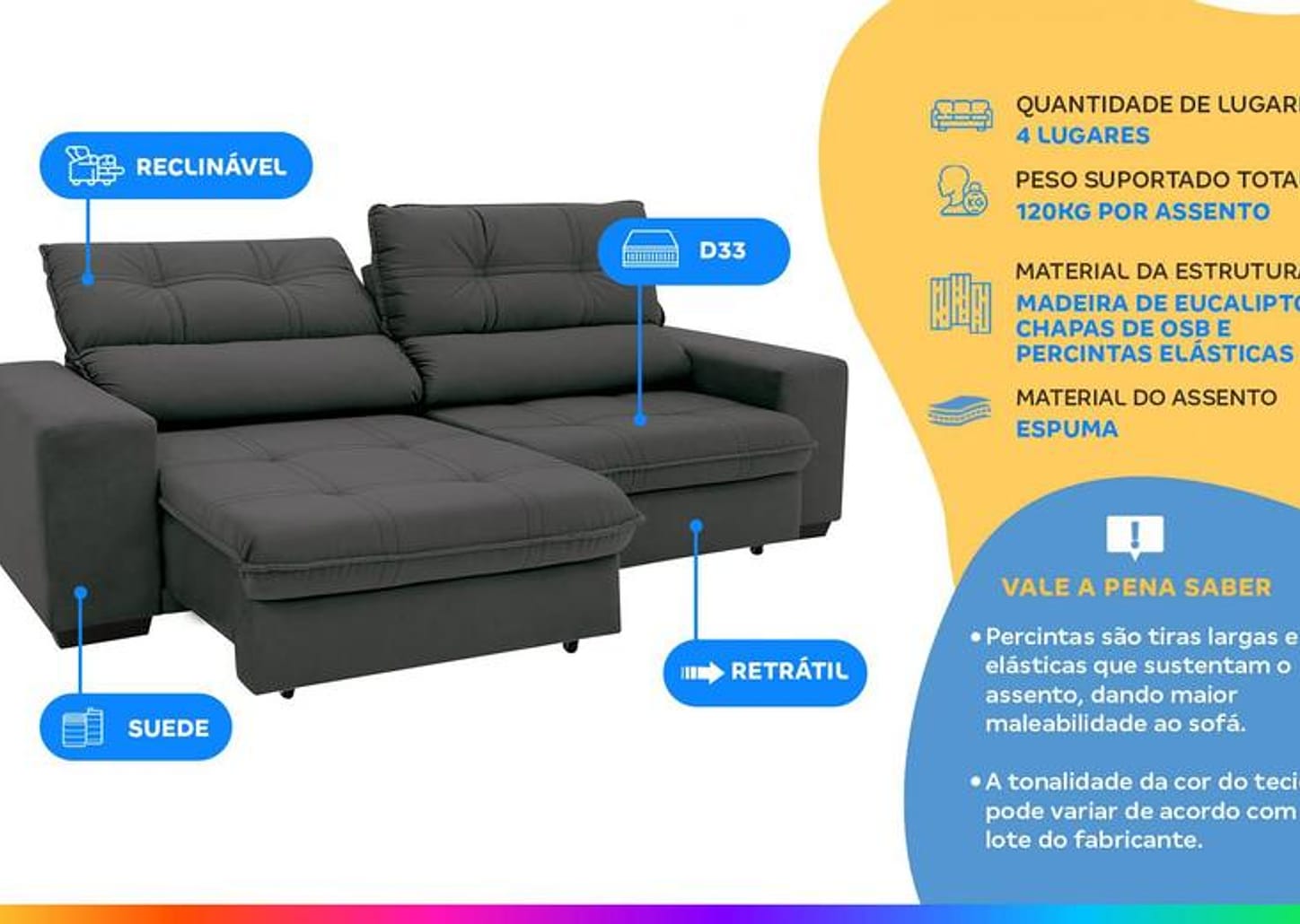 Sofá Retrátil Reclinável 4 Lugares Suede Brunello Linoforte