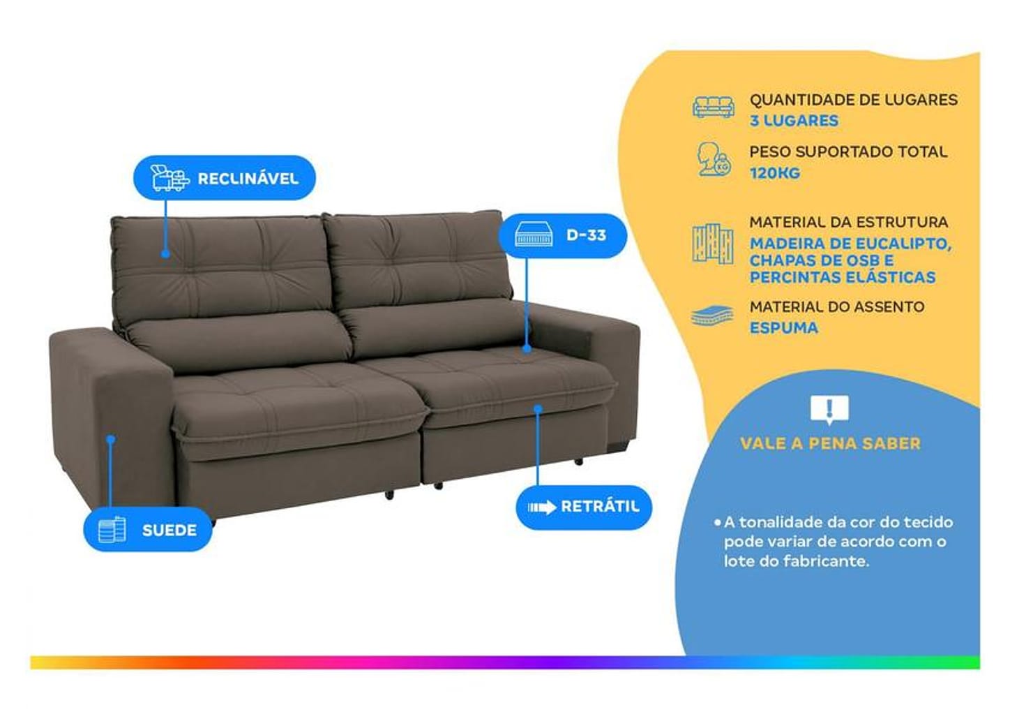 Sofá Retrátil Reclinável 3 Lugares Suede Brunello Linoforte