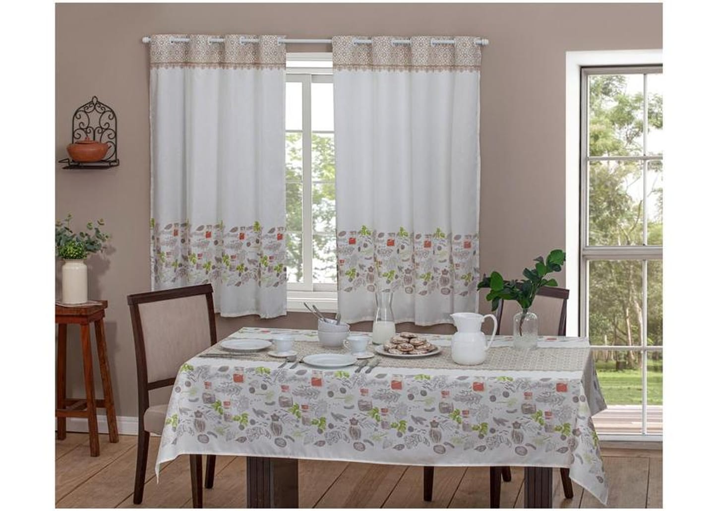 Cortina para Cozinha Sultan Branco e Bege - Casa Alegre Martina 140x200cm com Toalha de Mesa