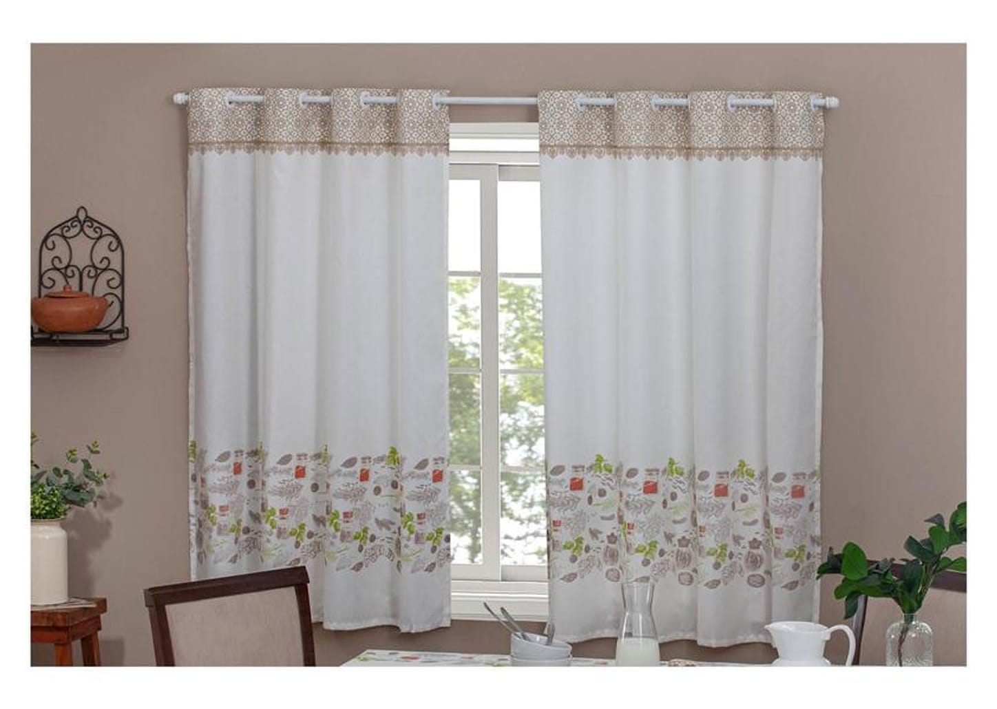 Cortina para Cozinha Sultan Branco e Bege - Casa Alegre Martina 140x200cm com Toalha de Mesa