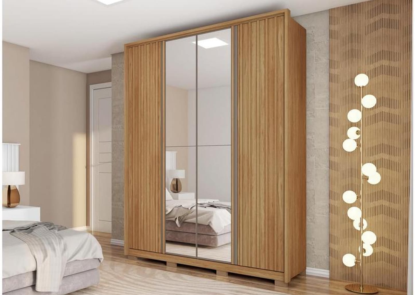 Guarda-roupa Solteiro com Espelho 4 Portas 3 Gavetas Caemmun Belize Ripado