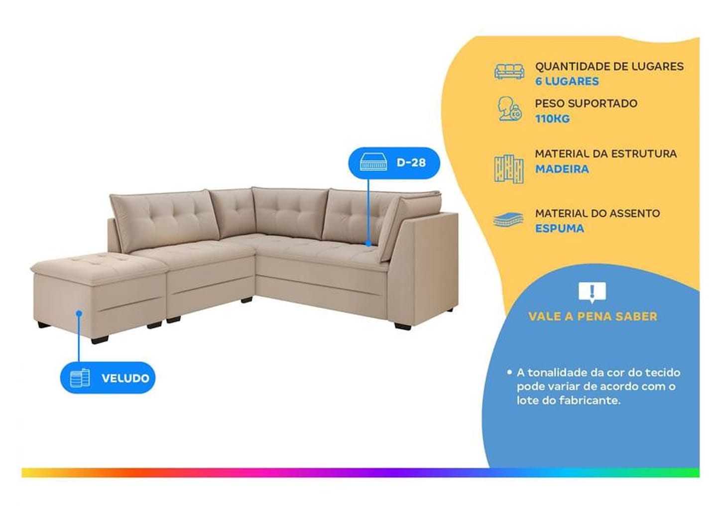 Sofá de Canto 6 Lugares com Puff Veludo Benfica Besthouse
