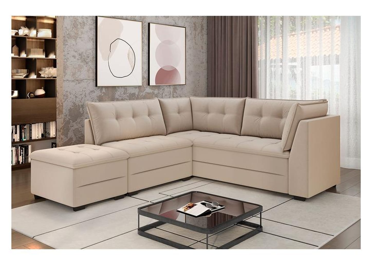 Sofá de Canto 6 Lugares com Puff Veludo Benfica Besthouse