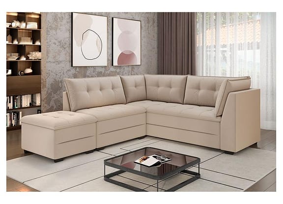 Sofá de Canto 6 Lugares com Puff Veludo Benfica Besthouse