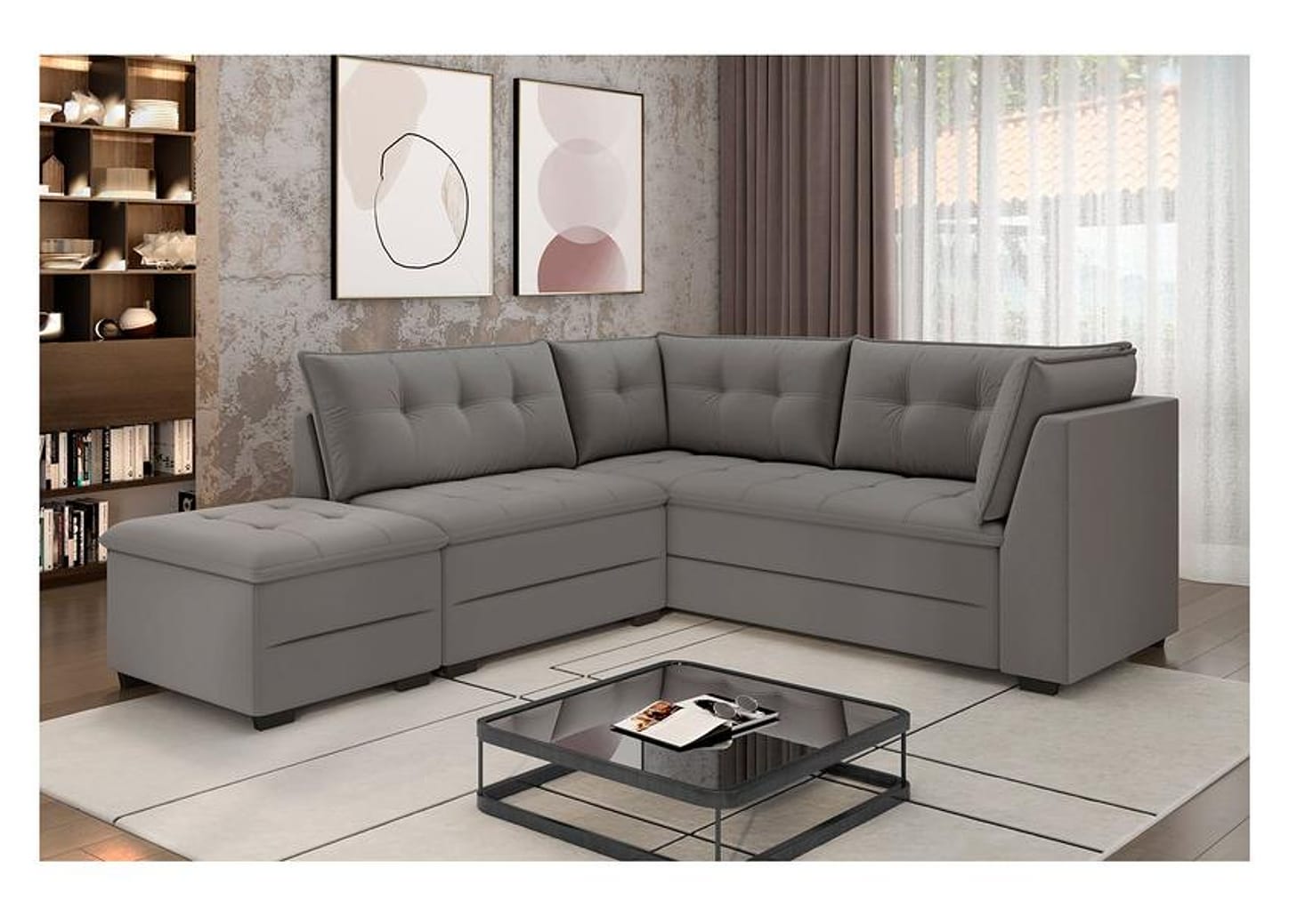 Sofá de Canto 6 Lugares com Puff Veludo Benfica Besthouse