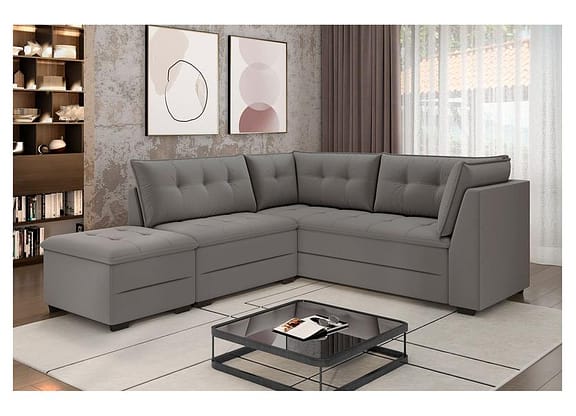 Sofá de Canto 6 Lugares com Puff Veludo Benfica Besthouse