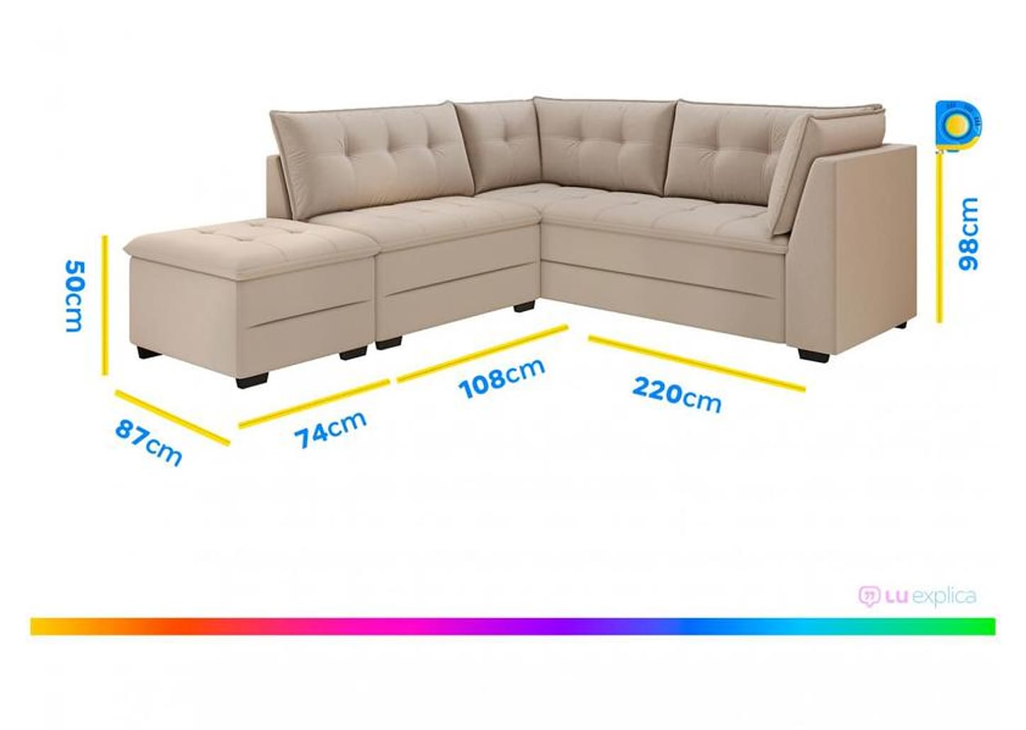 Sofá de Canto 6 Lugares com Puff Veludo Benfica Besthouse