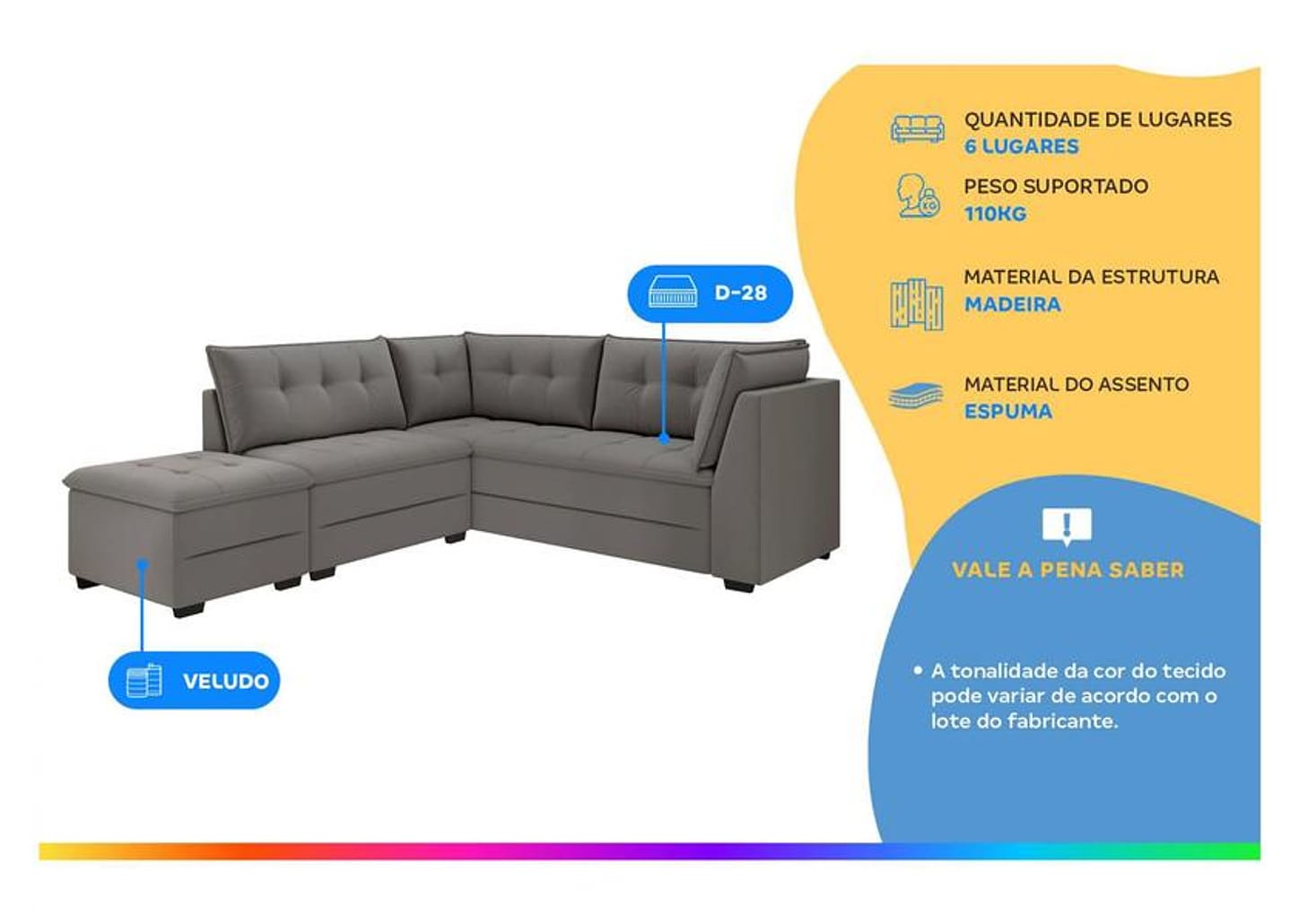 Sofá de Canto 6 Lugares com Puff Veludo Benfica Besthouse