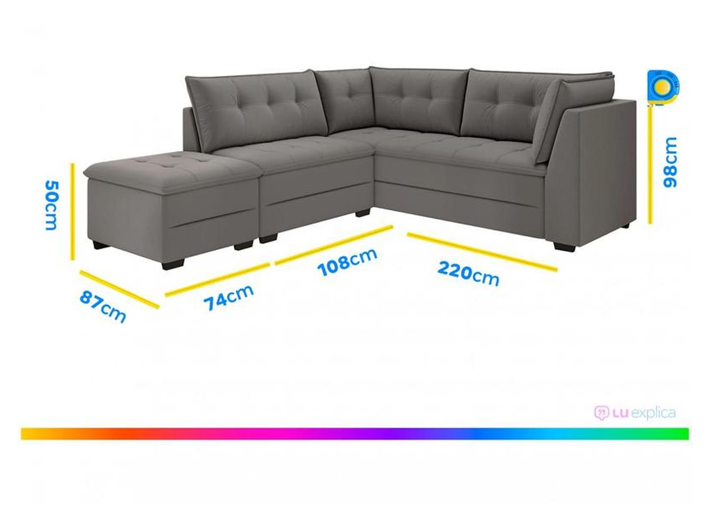 Sofá de Canto 6 Lugares com Puff Veludo Benfica Besthouse