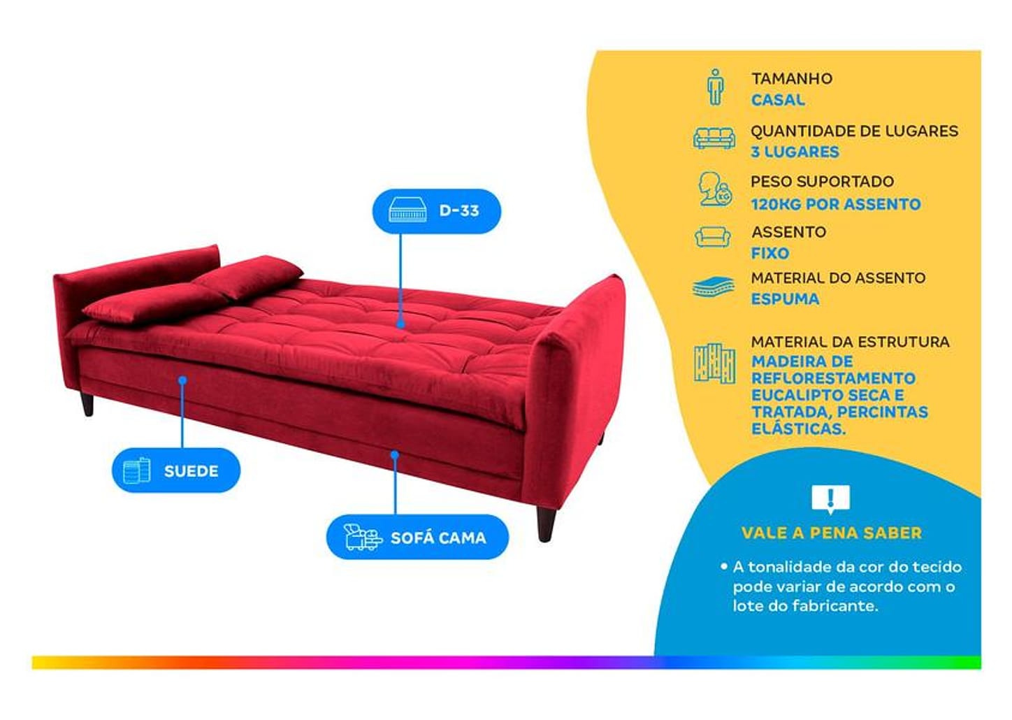 Sofá-cama Casal 3 Lugares Reclinável Suede - Linoforte Estela